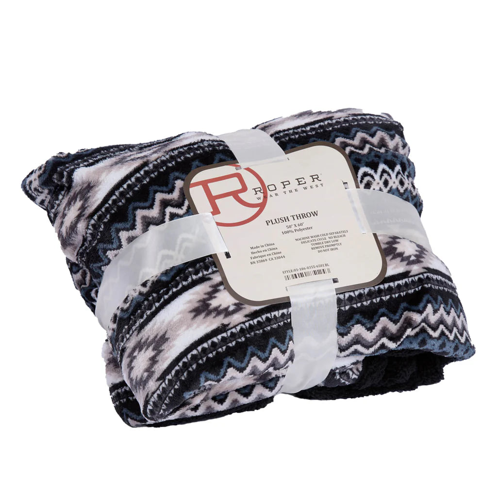 Roper Plush Throw Blanket - Black/White Aztec