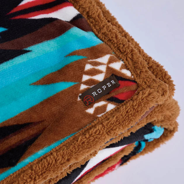 Roper Plush Throw Blanket - Turquoise Aztec