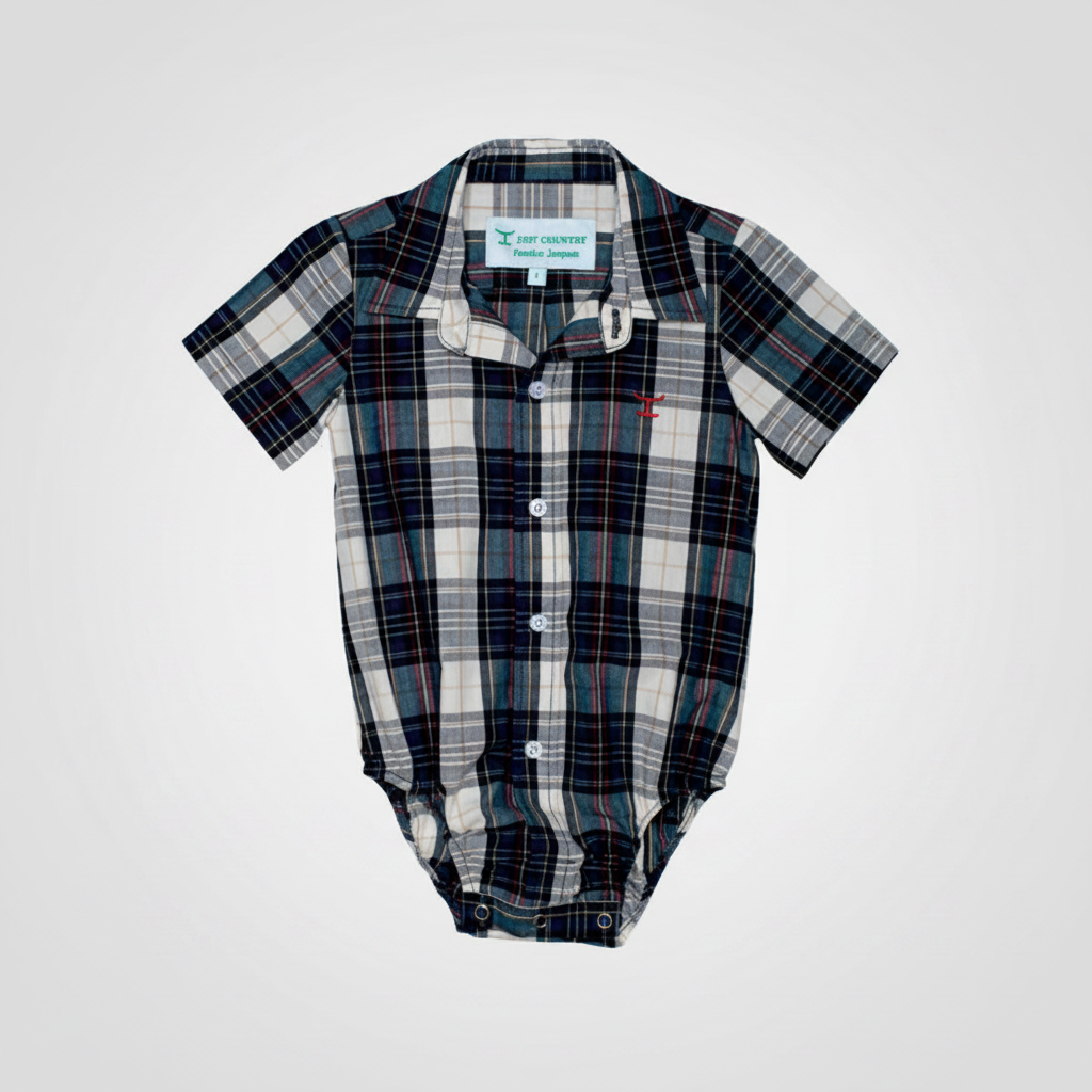 Infant’s Frankie Short Sleeve Full Button Plaid Jumpsuit - Navy/Red Plaid