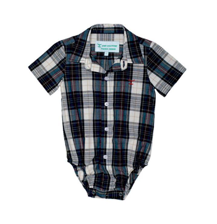 Infant’s Frankie Short Sleeve Full Button Plaid Jumpsuit - Navy/Red Plaid