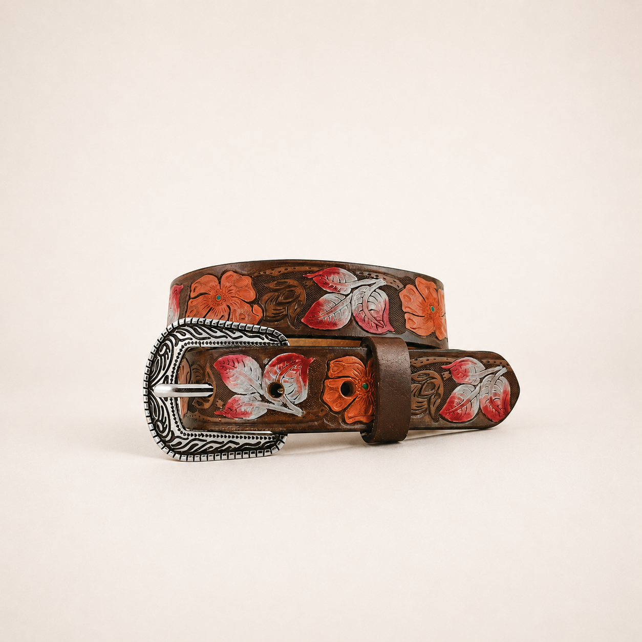 GIRL'S GENUINE BUFFALO LEATHER BELT - HAND PAINTED FLORAL EM