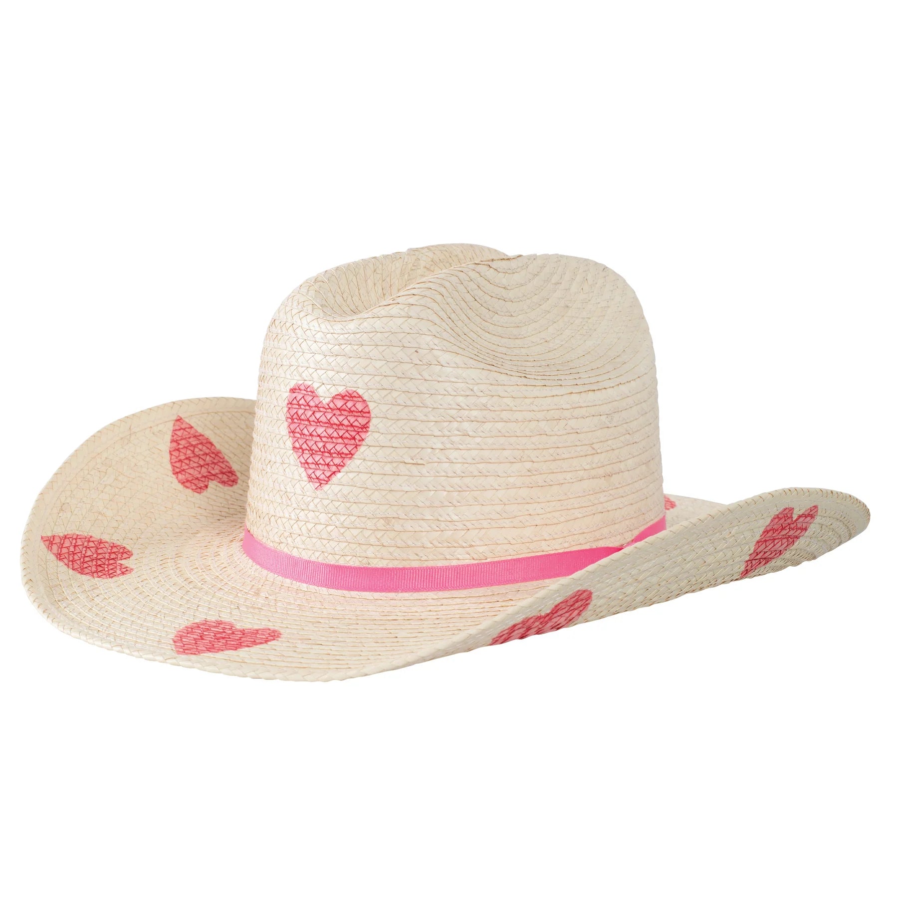 Kids Cattleman Palm Leaf Hat - Pink Hearts