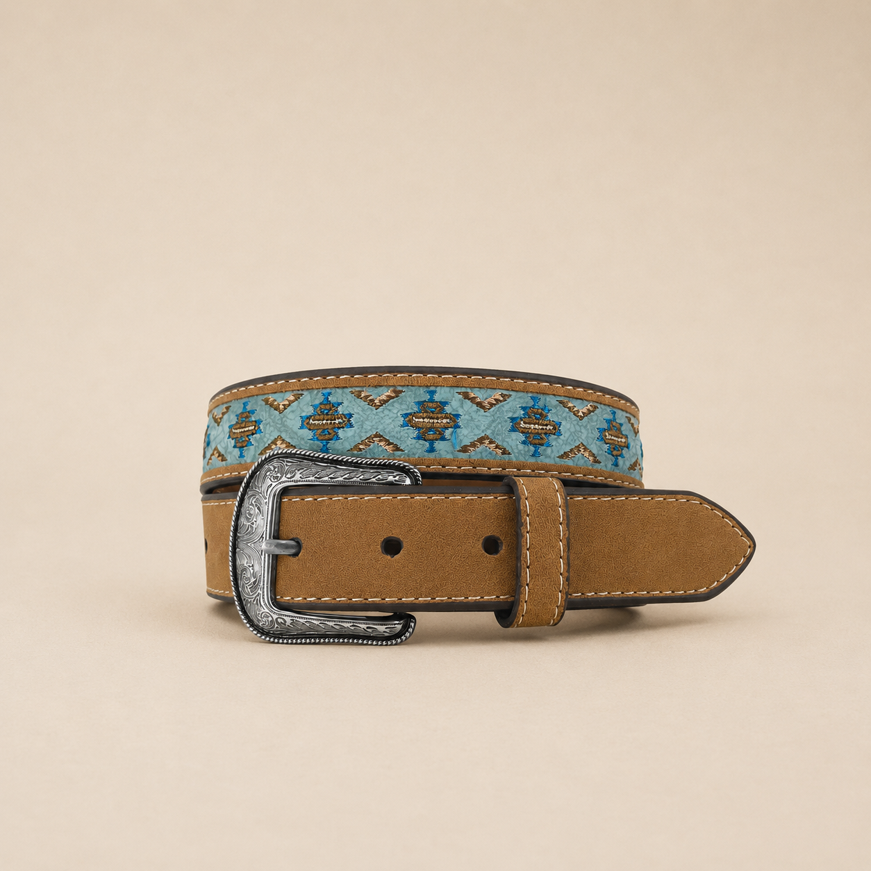 KIDS Manmade Leather Brown Belt - Aztec Embroidery